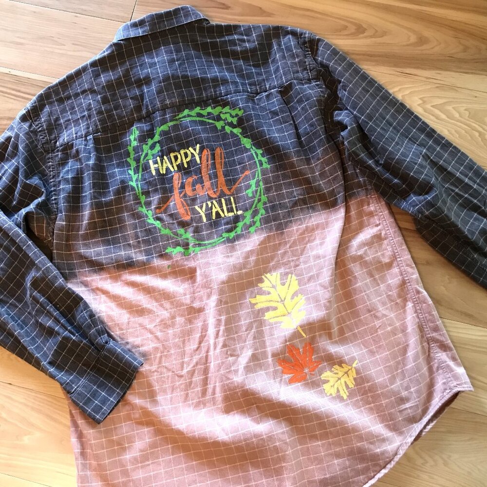 Bleached Flannel Painted Shirt Upcycled, Autumn Theme Fall Leaves Men's Medium
